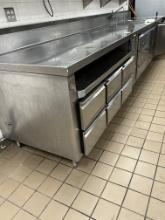Custom Commercial Stainless Steel Kitchen Line w/Undercounter Drawered Refrigeration, 3 Storage D...