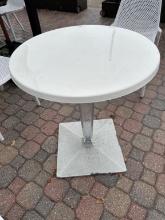 27.25" Round x 29"H White Resin Outdoor Table Clear Plexiglas Square Metal Base 