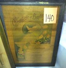 EARLY 1900's FRAMED BAPTISM CERTIFICATE - PICK UP ONLY