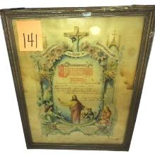 EARLY 1900's RIGHT OF COMMUNION FRAMED CERTIFICATE - PICK UP ONLY