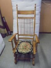 Antique Oak Carved Spindle Back Platform Rocker w/ Cushion Seat