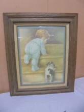 Vintage Baby & Puppy on Stairs Framed Print