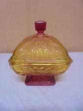 Vintage Jeanette Amberina Glass Covered Candy Dish