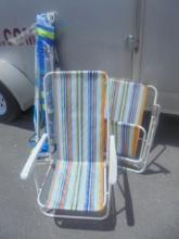 2 Folding Beach Chairs & Beach Umbrellas