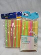 2 Packs of Neon Flexi Straws- 1 Pack of 125, 1 Pack of 100
