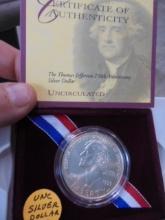 1993 Thomas Jefferson 250th Anniversary Unc Silver Dollar
