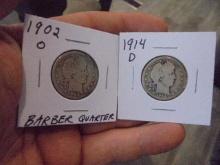 1902 O Mint & 1914 D Mint Silver Barber Quarters