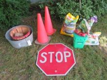 Galvanized Tub, Stop Sign, Safety Cones, Garden Items
