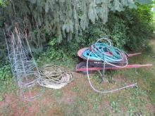 Wheelbarrow, Garden hoses, tomato cages