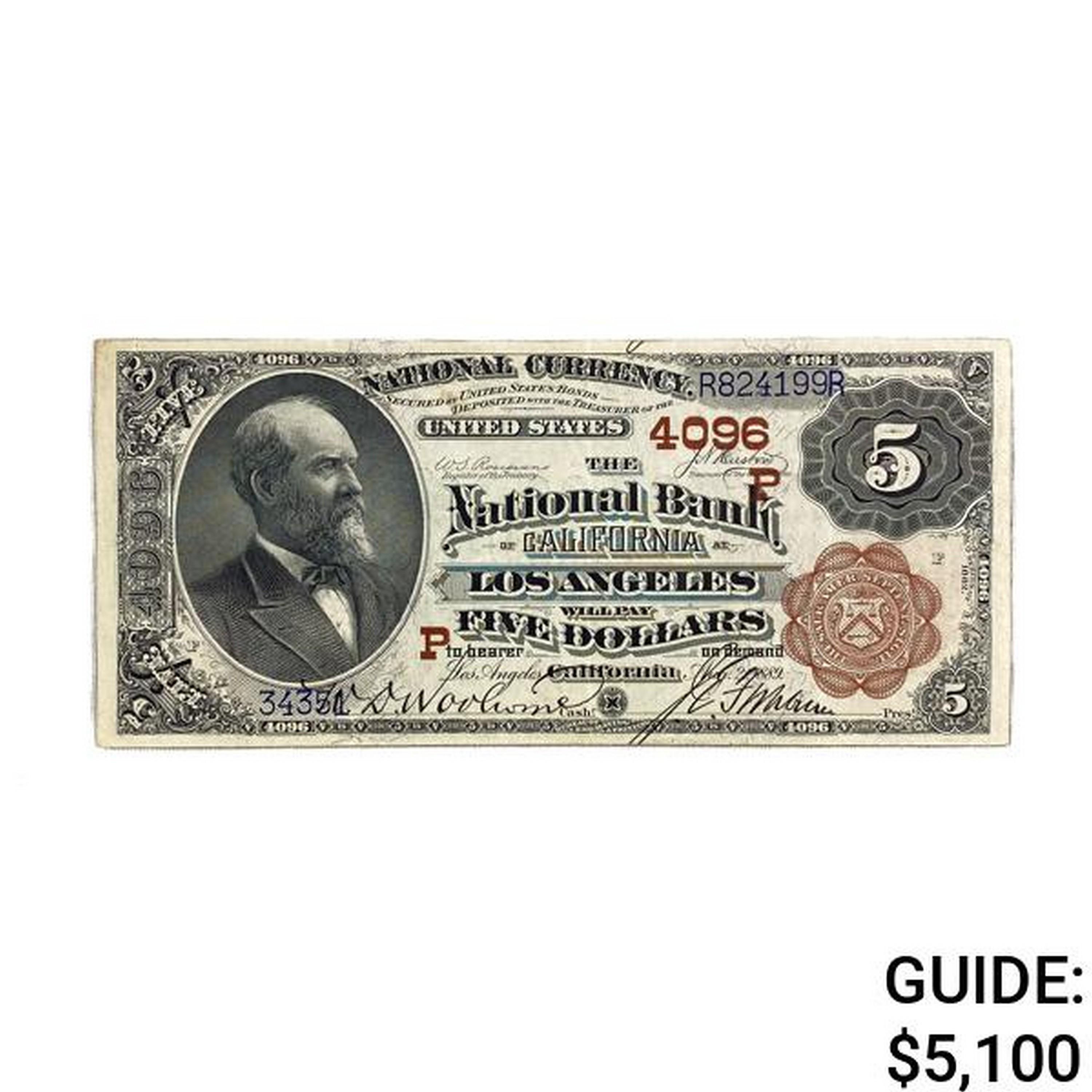 1882 $5 BROWN BACK TNB OF LOS ANGELES, CA AU