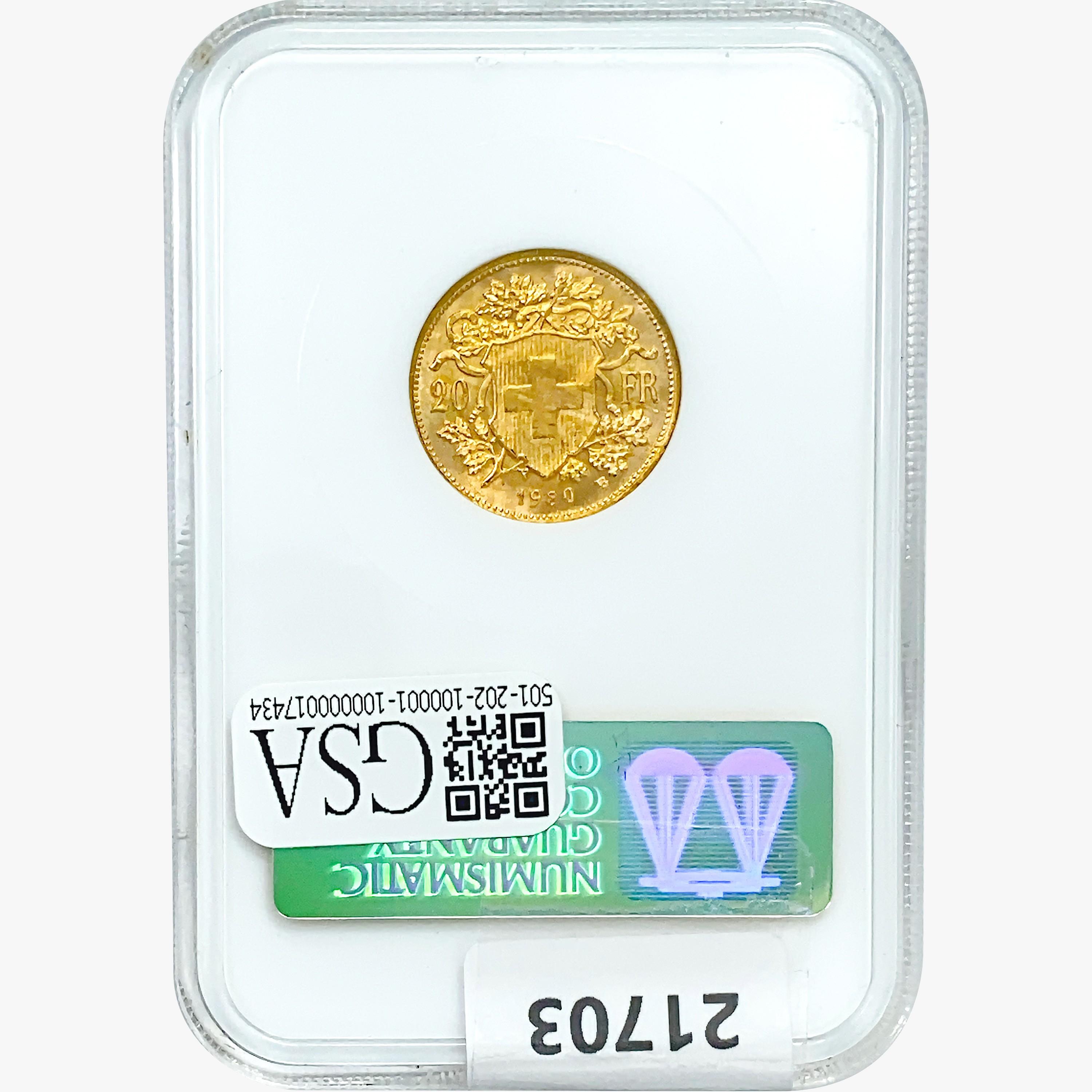1930 .1867oz. Gold Switzerland 20 Francs NGC MS64