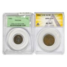 1853&1892 [2] Varied Cents PCGS/ANACS AU/PR
