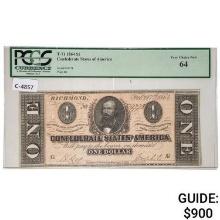 T-71 1864 $1 ONE DOLLAR CSA CONFEDERATE STATES OF AMERICA NOTE PCGS UNCIRCULATED-64