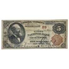 1882 $5 BB THE FIRST NATIONAL BANK OF THE CITY OF NEW YORK, NY NATIONAL CURRENCY CH. #29 VERY FINE