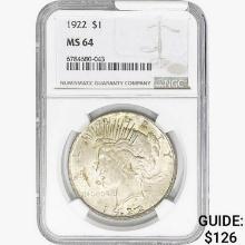 1922 Silver Peace Dollar NGC MS64