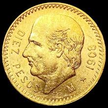 1908 Mexico Gold 10 Pesos 0.2411oz UNCIRCULATED