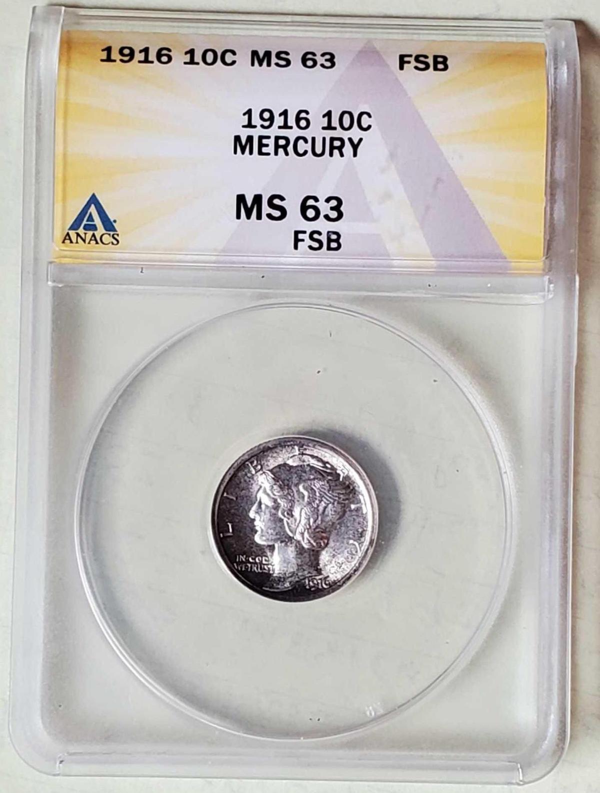ANACS MS 63 1916 Mercury Silver Dime
