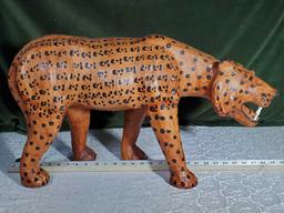 14 1/2" x 29" Leather Wrapped Jaguar Figure With Glass Eyes