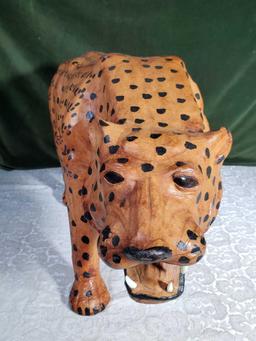 14 1/2" x 29" Leather Wrapped Jaguar Figure With Glass Eyes