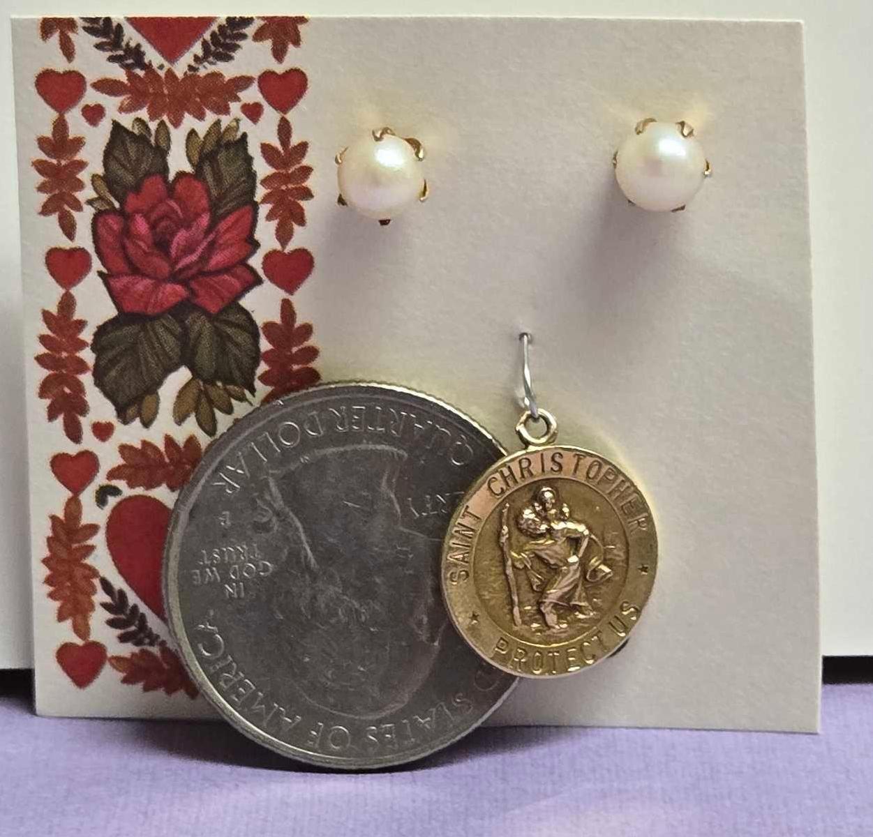 14k Gold Pendant and Pearl Earrings