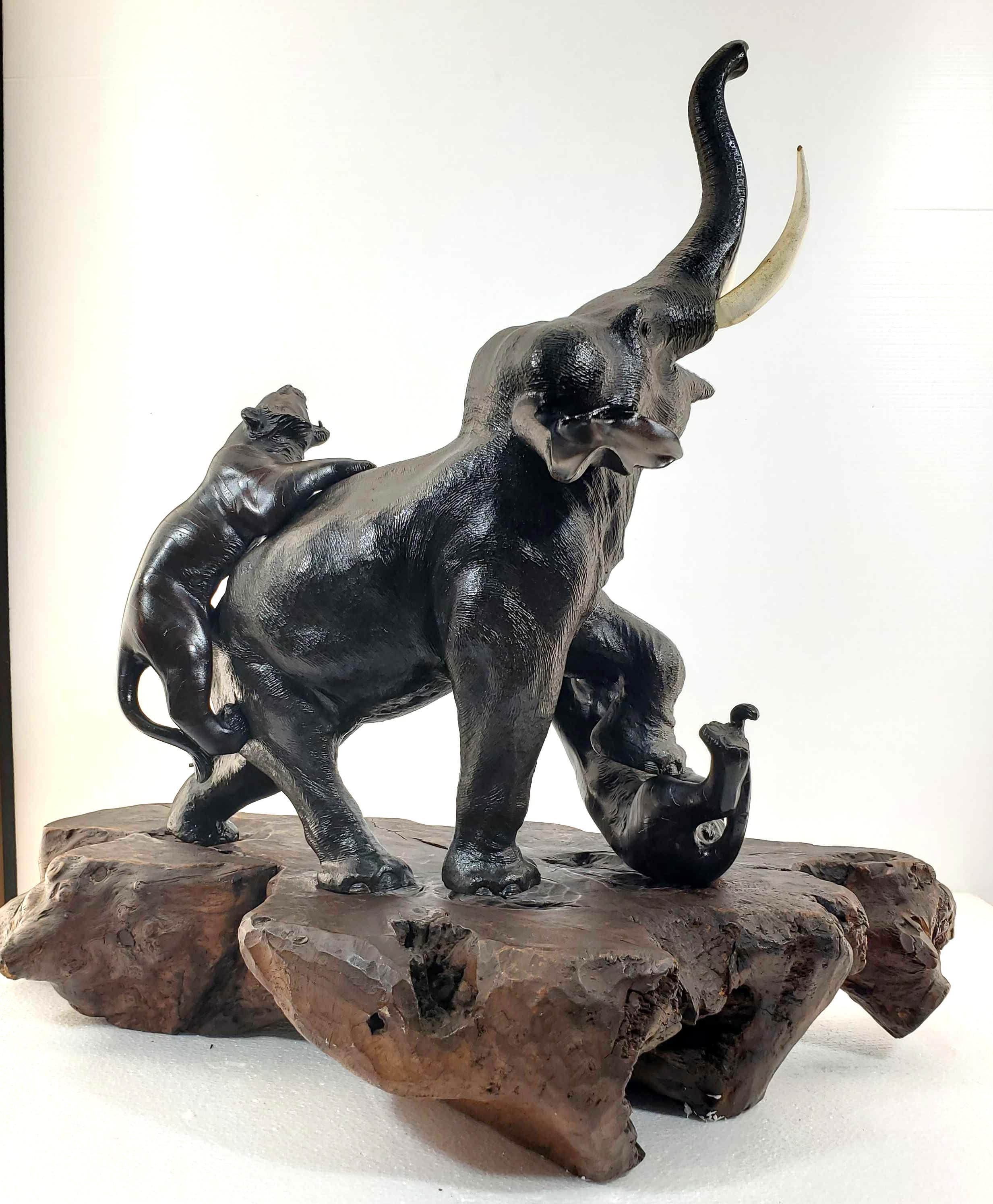 Fine Quality 19th Century Meiji Japanese Bronze Elephant And Tiger Group On Stand
