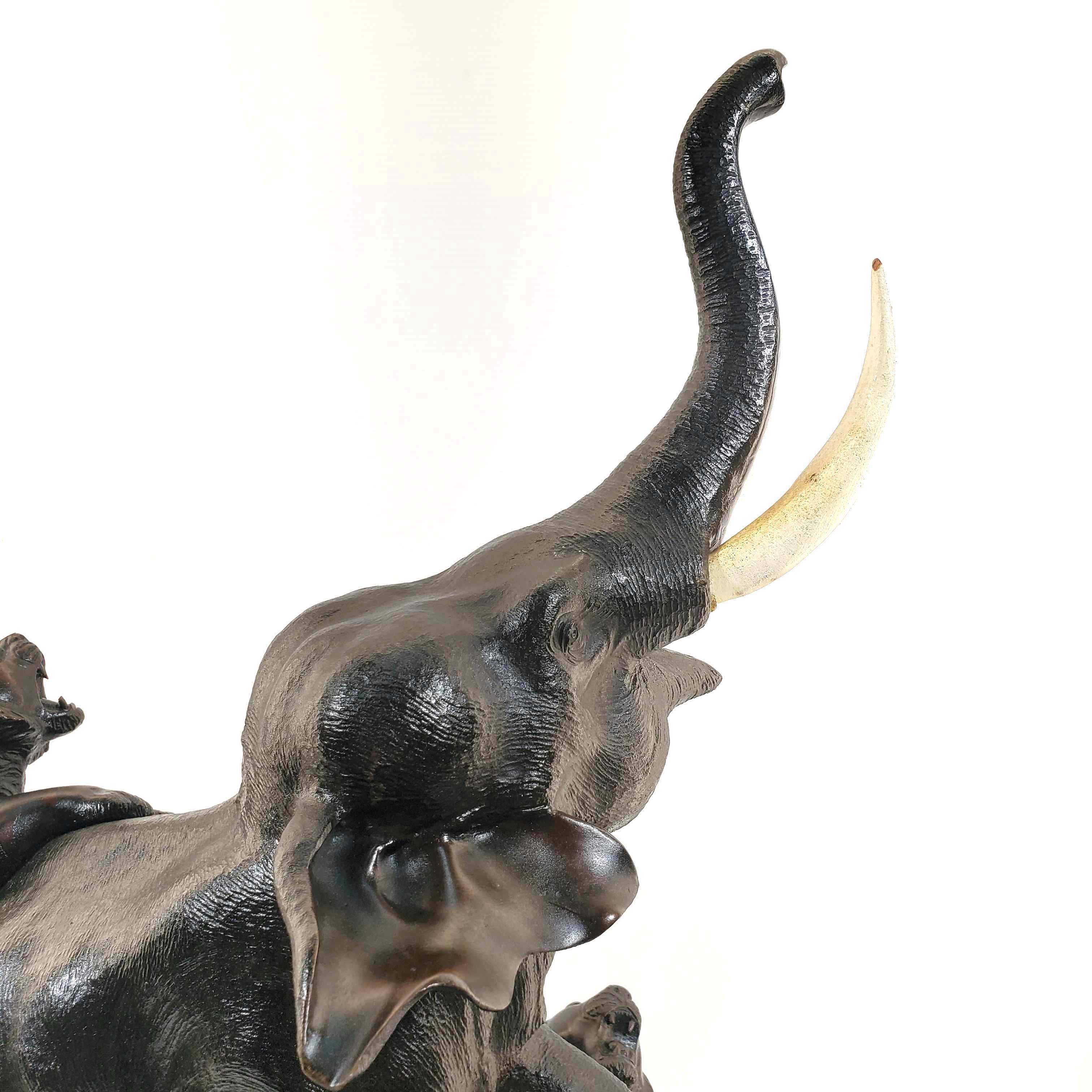Fine Quality 19th Century Meiji Japanese Bronze Elephant And Tiger Group On Stand