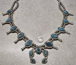 Vintage Sterling Silver and Turquoise Native American Squash Blossom Necklace