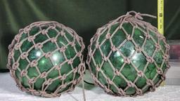 Vintage Pair Of 12" Green Hand Blown With Pontil And Vintage Netting Crab Trap / Net Floats