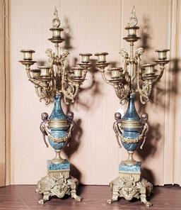 Pair of 24" Marble and Bronze Mantle Depenecy 7 Light Candlabras