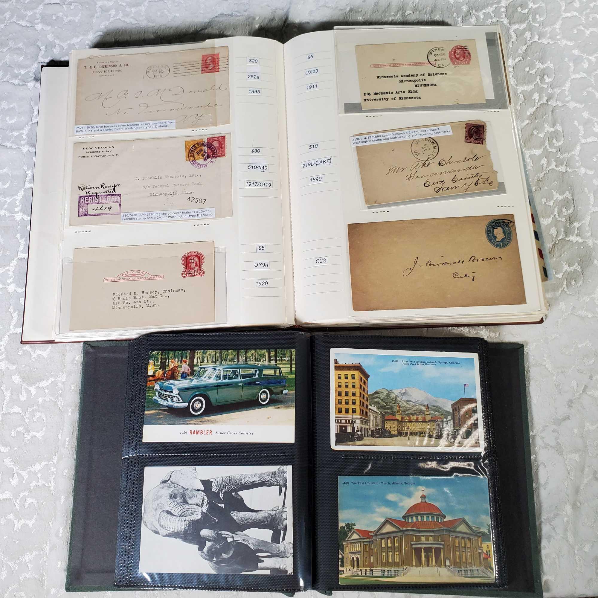 5 Albums of Vintage and Antique First Day Covers, Stamps, Postcards and Old Stock Certificates