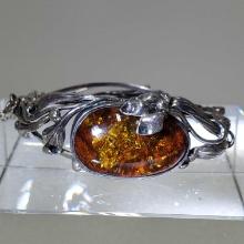 Art Nouveau Baltic Amber & Sterling Hinged Bracelet With Safety Chain