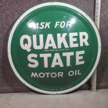 24" Quaker State Motor Oil Round Convex Porcelain Enamel on Metal Green and White Sign