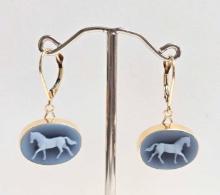 14k Gold Blue Agate Horse Earrings