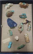Tray Lot Of Native American Turquoise, Lapis, Antler, Agat, Howlite & Shell Hand Carved Fetishes