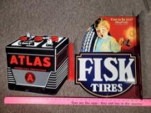 2 Contemprary Mint Condition Porcelain Enamel 2 Sided Flange Signs - Atlas Battery and Fisk Tires