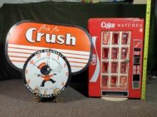 Retro Style Orange Crush Soda Wall Clock and Coke Watches Plastic Counter Vending Machine Design