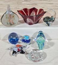 Collection of Art Glass Paperweights, Vase, & More