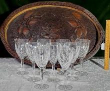 9 Waterford Crystal Castlemaine Wine Goblets and Carved Wood Serving Tray