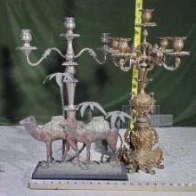3 Single Candelabras - Bronze 5 light, Silverplate and Bronze Camel and Palm Trees