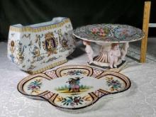 French Faience Pottery Quimper Platter, Gien Centerpiece Planter and Italian Capodimonte Compote