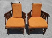 Pair Of Hand Carved Brass Inlaid Wood Moroccan Rolling Bar Chairs