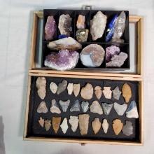 Case of Archaic Arrowheads, Shark's Teeth Fossils, Amethyst, Geodes & Other Crystal Specimens