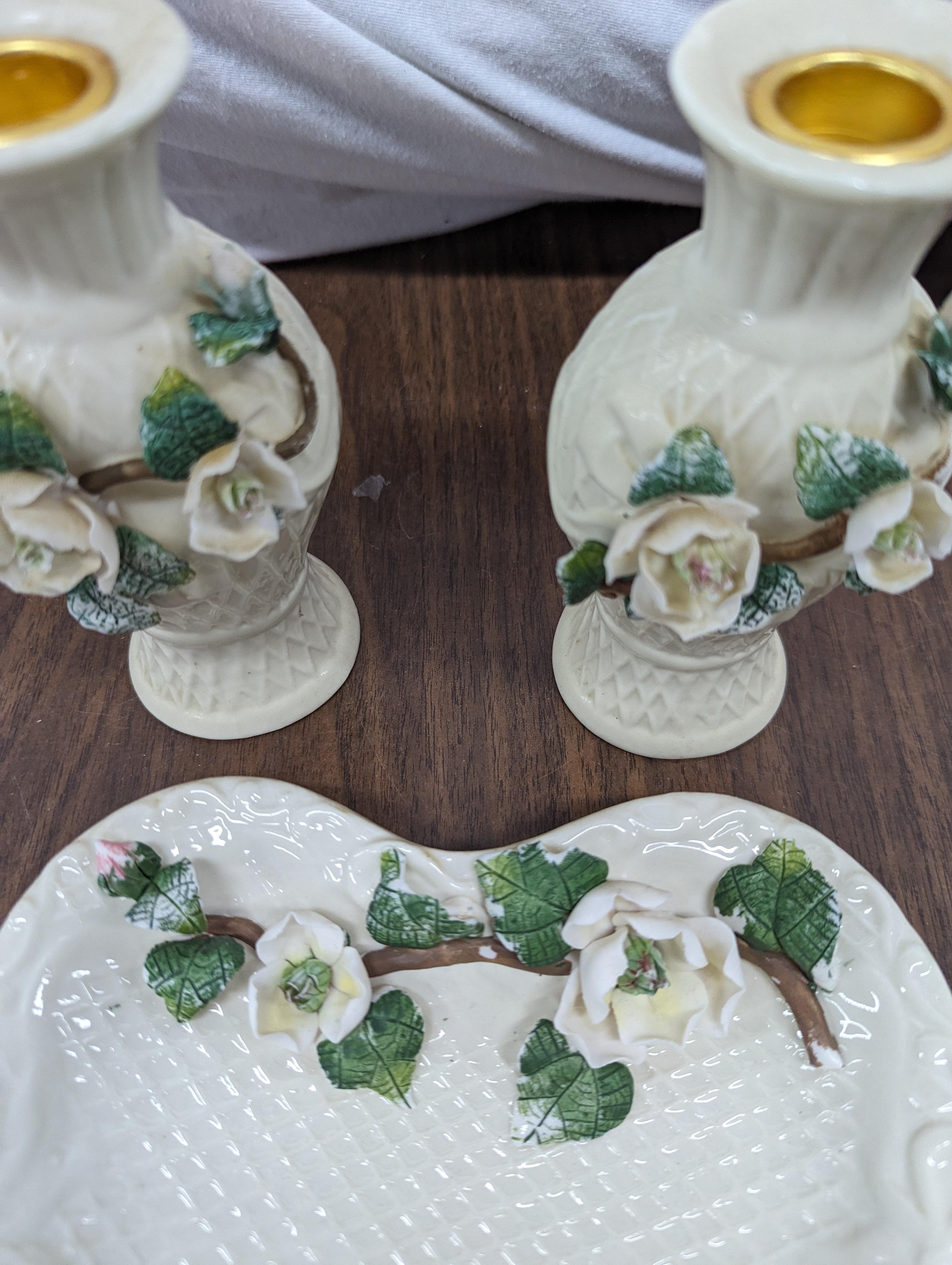 White Floral Plates, Candle Holders. Carnival Glass Plate