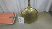 brass bed warmer, early hand made brass bed warmer with handle 44in long