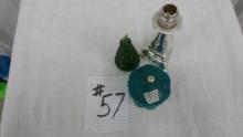 avon bottles, christmas tree, bath pearls and candle stick