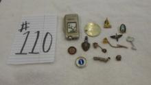 knick knack lot, mustang lighter, various medals and tokens, pins and a tie clip