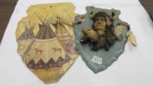 native american art, two arrowhead shaped images one is a raised image of a warrior