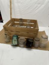 Décor Wooden Crate Full of Jars/Blue and Brown Jars