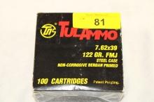 100 Rounds of TulAmmo 7.62x39 122 Gr. FMJ Ammo
