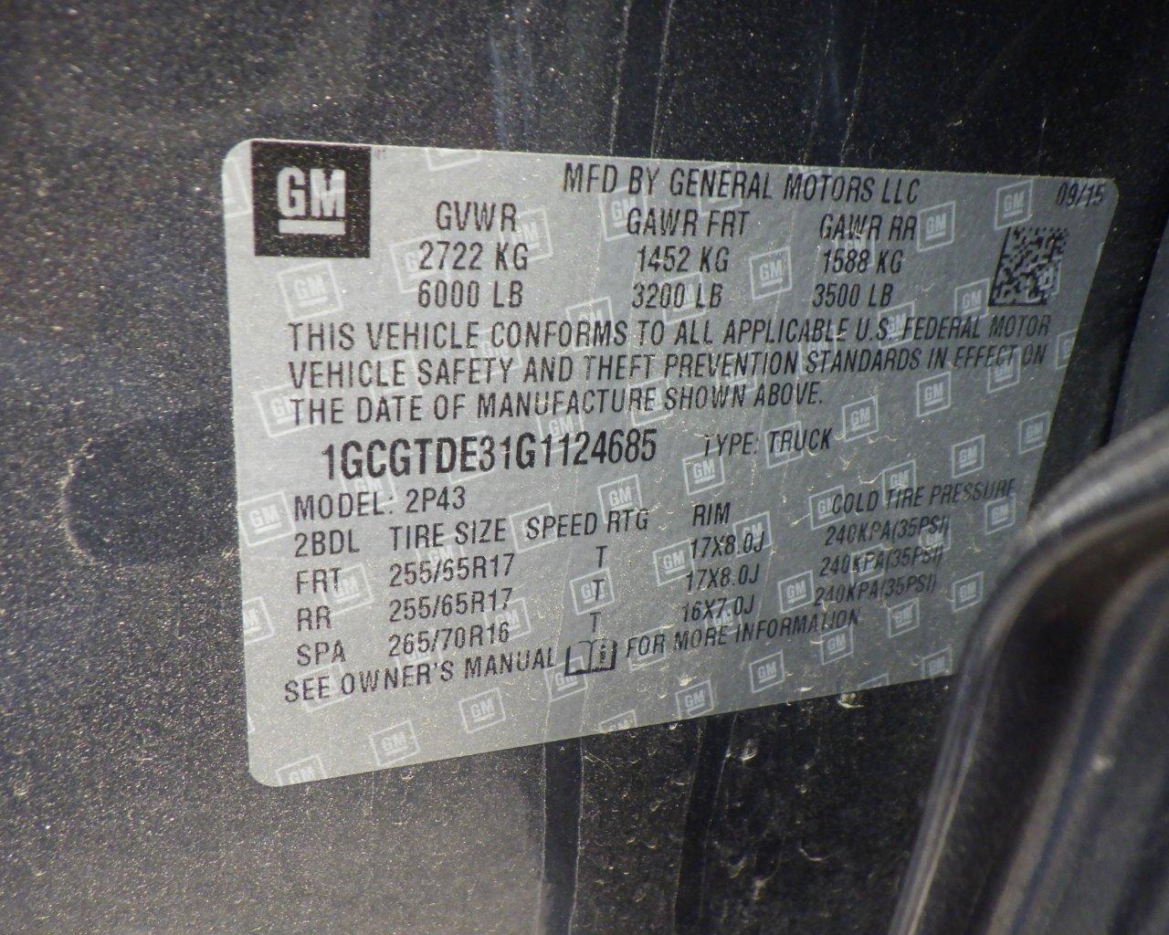 2016 Chevrolet Colorado Ext Cab   w/Tonneau Cover   4x4 s/n:124685